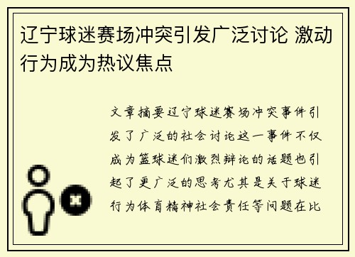 辽宁球迷赛场冲突引发广泛讨论 激动行为成为热议焦点